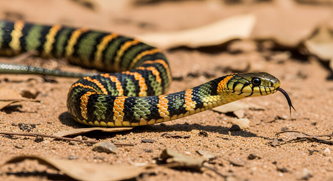 A brightly colored venomous serpent resting on the forest floor