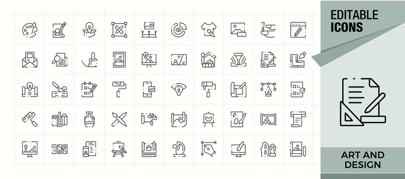 Art And Design related icon set. Web icons pack. Art vector line icon set. Pictograms of creativity, graphic, brush, artistic, digital, artwork and more.