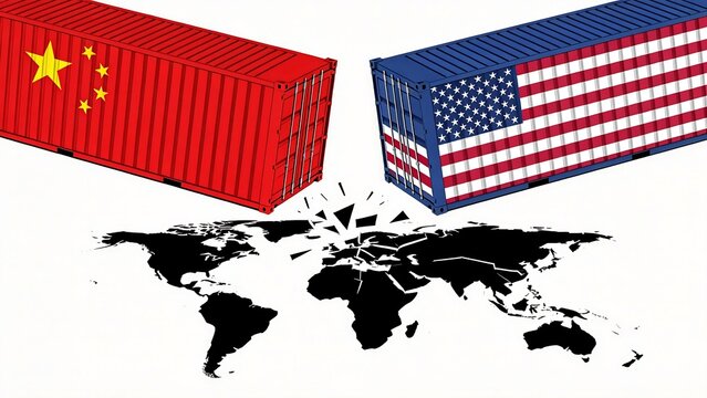 Two shipping containers with flags on world map