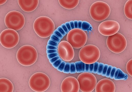 Microscopic view of a parasite among red blood cells under a microscope