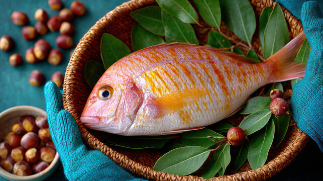 Fresh whole fish on bay leaves in a woven basket held with gloves for food market and culinary background use