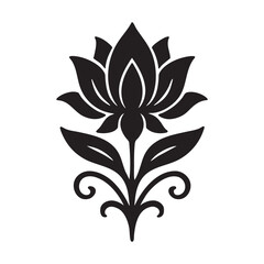 Fototapeta premium A minimalist and elegant black vector graphic illustration showcasing a beautifully stylized lotus flower design with multiple intricate petals, a graceful stem, and ornamental scrolling leaves,