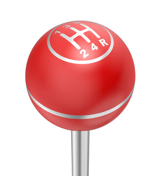 Close-up of red manual gear shifter knob on transparent background