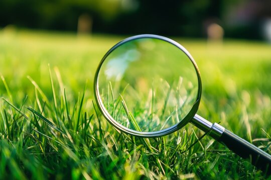 Close view of grass through magnifier tool on lawn for study of blades and inspection in green park space during daytime