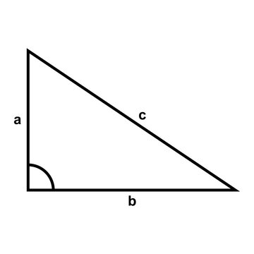 Minimalist vector illustration of a right triangle for geometry. Black outline with a marked 90 degree angle and labeled sides a, b, and c hypotenuse for math education.