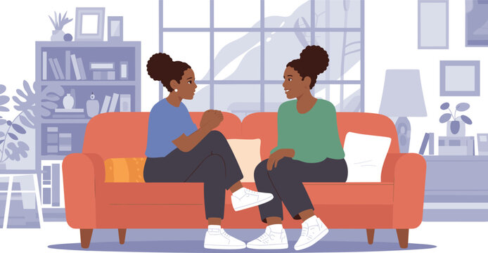 Two women talking on sofa vector illustration showing friendship communication and casual conversation in home lifestyle concept