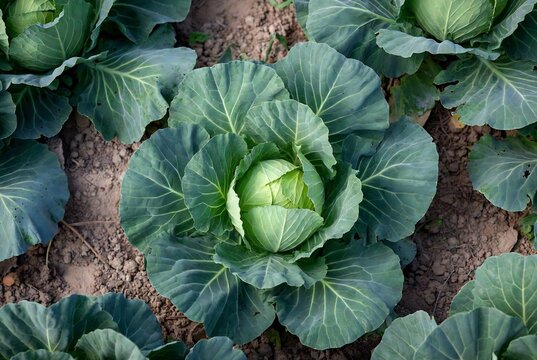A group of cabbage plants growing in a garden.