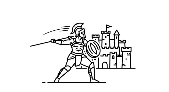 Gladiator Warrior with Spear and Shield Attacking a Castle