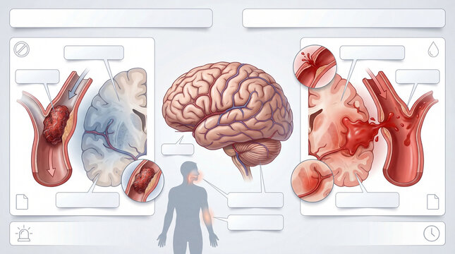 Stroke Comparison No Text Template with Brain Occlusion and Hemorrhage Panels for Medical Poster Use.