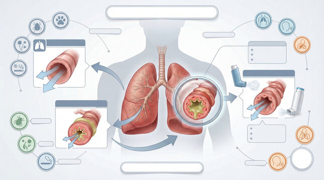 Asthma No Text Medical Infographic Template with Bronchial Inflammation Cross Sections and Blank Callouts.