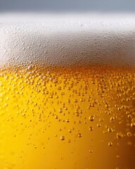 Chilled golden beer in glass with dense bubbles and frothy head, crisp macro capture, drink advertising style