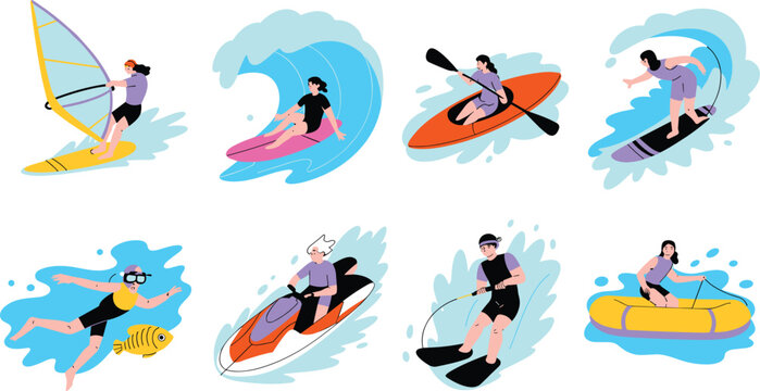 Collection of diverse water sports people vector characters including surfing kayaking and snorkeling for summer vacation activities and extreme hobby illustrations
