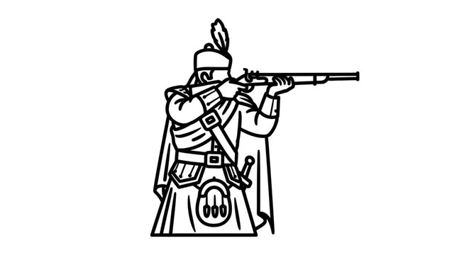 Line Art Illustration of a Highlander Soldier with Musket, Scottish Warrior Aiming Rifle