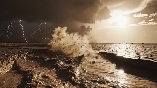 Dramatic Ocean Storm with Lightning and Crashing Waves at Sunset.