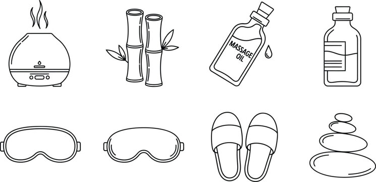Collection of minimalist spa and wellness icons featuring aromatherapy diffuser massage oil sleep mask and zen stones ideal for health and beauty designs