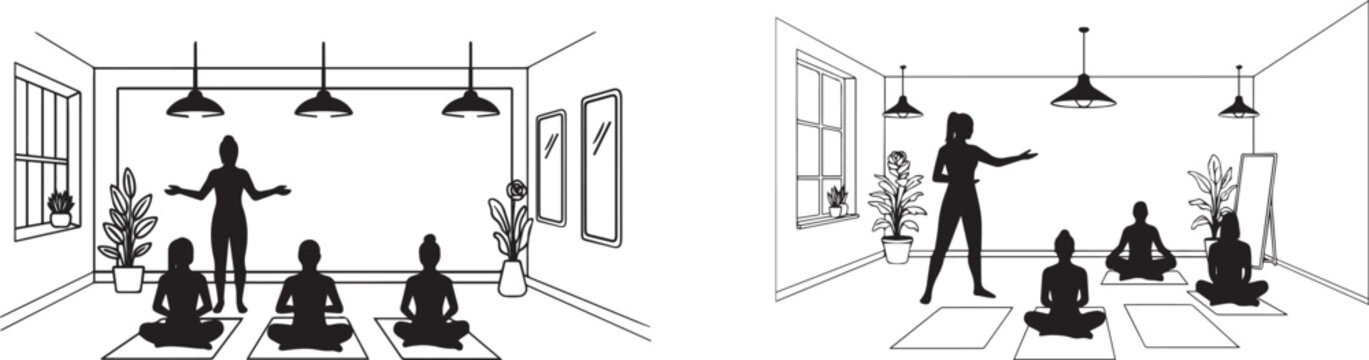 A yoga instructor leads a serene class in a modern studio with large windows. Vector illustration of yoga class in a room