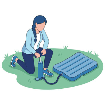 A woman inflates an air mattress using a pump outdoors.