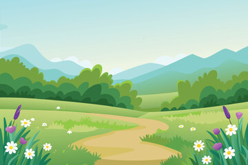 Obraz premium Cartoon Countryside Path Winding Through Green Fields with Flowers and Mountains in Distance
