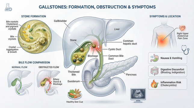 Gallstone Formation and Symptom Mechanism Medical Infographic with Biliary Anatomy and Labeled Education.