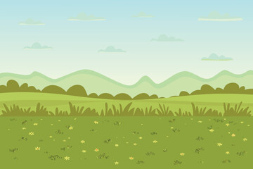 Cartoon Meadow Landscape with Rolling Hills and Yellow Flowers Blue Sky with Clouds Green Grass