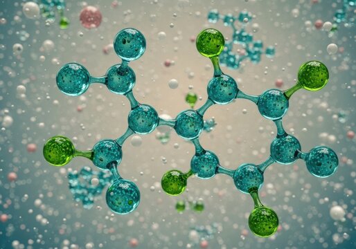 Microscopic view of colorful spherical clusters resembling molecular structures in water