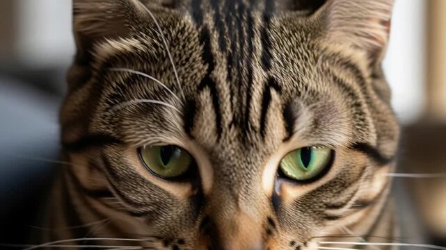 Close-up portrait of a tabby cat with green eyes looking directly at the camera indoors.