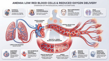 Obraz premium Anemia Low Red Blood Cells and Oxygen Delivery Medical Infographic with Circulation and Symptom Map.