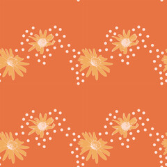 Seamless retro floral pattern with orange daisy flowers and white polka dot waves on a terracotta background. Vintage 70s style botanical illustration for textile, apparel, and home decor. © mila_okie