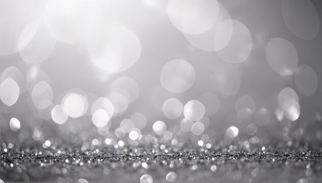 silver glitter background with soft bokeh lights, shimmering sparkles, and a dreamy, festive glow