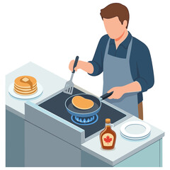 A man cooks pancakes on a stovetop in a kitchen wearing an apron.