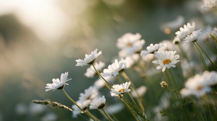 Field of white daisies glowing in golden hour sunlight, peaceful nature landscape © Firadoaw
