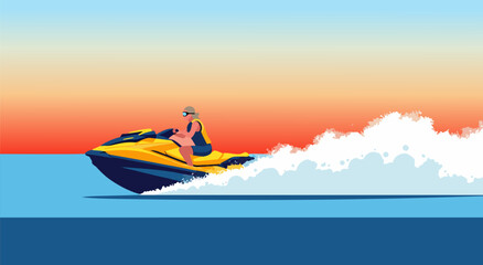 Thrilling Summer Fun A Vector Illustration of a Person Riding a Jet Ski Through Water © Purnomo