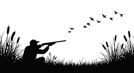 Silhouette hunting vector illustration of a person aiming a shotgun at a flock of birds flying over reeds in a marsh landscape © Purnomo