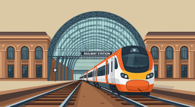 Modern High-Speed Train Station Vector Illustration with Passenger Train on Tracks Approaching the Building