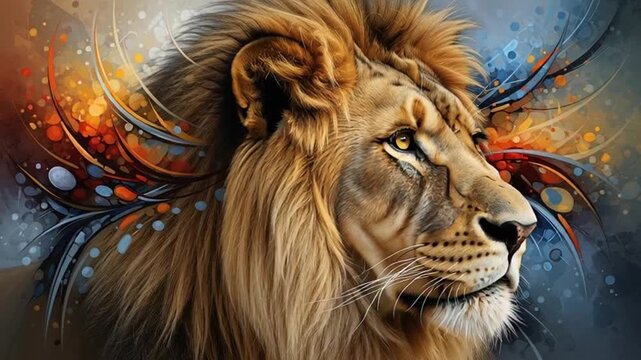 Majestic lion with vibrant mane against abstract background illustration
