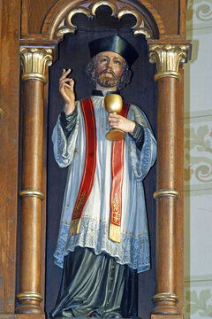 Saint Valentine, statue on the altar of the Holy Three Kings in the parish church of the Assumption of the Virgin Mary in Resnik, Croatia