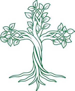 Illustration of a tree forming a Christian cross icon symbol. Represents Christian religious faith growth with strong roots.