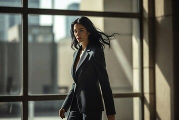 A woman in a black suit stands by a window, looking out at an urban cityscape.
