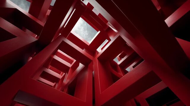 Upward view of modern red geometric art installation