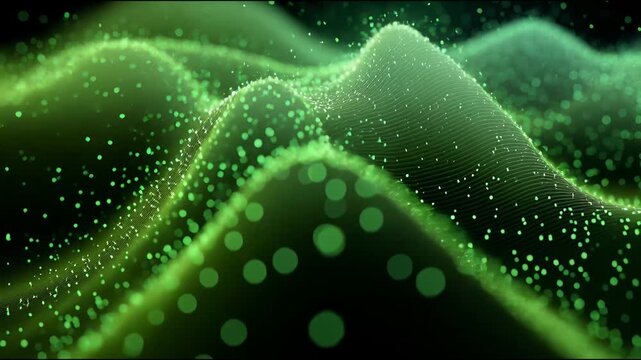 Abstract green digital particles creating an undulating wave pattern for a data science concept and futuristic technology background