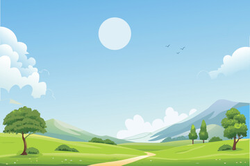 Lush Green Rolling Hills Landscape with Winding Path and Sunlit Sky