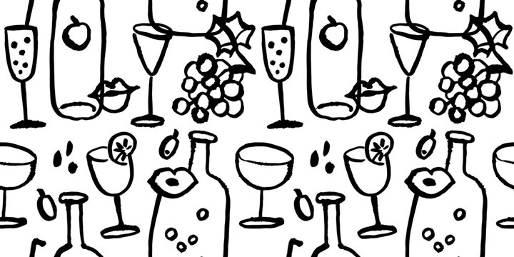 Hand drawn doodle wine seamless pattern. Vintage crayon background. Vector sketch isolated  illustration