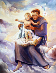 Saint Anthony holds baby Jesus, painting in the parish church of the Exaltation of the Holy Cross in Kerestinec, Croatia © zatletic