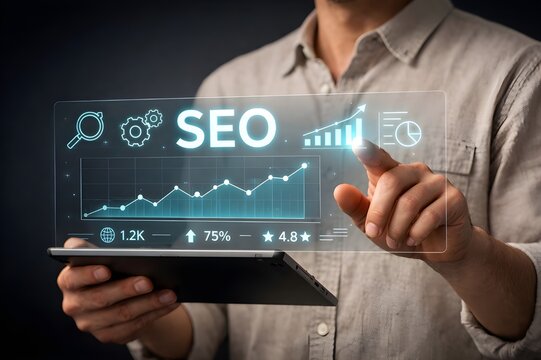 Digital Marketing Expert Analyzing SEO Data and Search Rankings on Screen