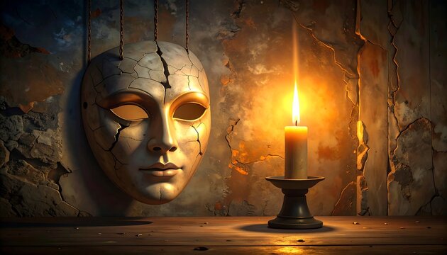 A cracked puppet head with a lit candle beside it on a table