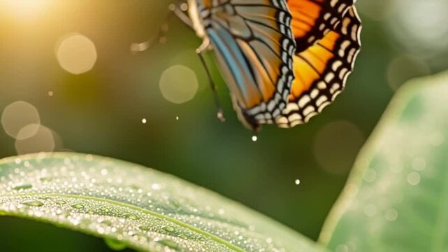 A monarch butterfly perches on a dewy green leaf in a natural setting.