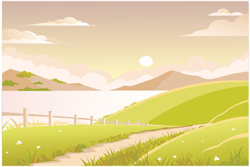 Obraz premium Pastoral Landscape with Rolling Hills and Lake at SunriseStock Illustration