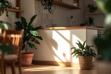 Fototapeta premium A cozy kitchen interior with plants and natural light.