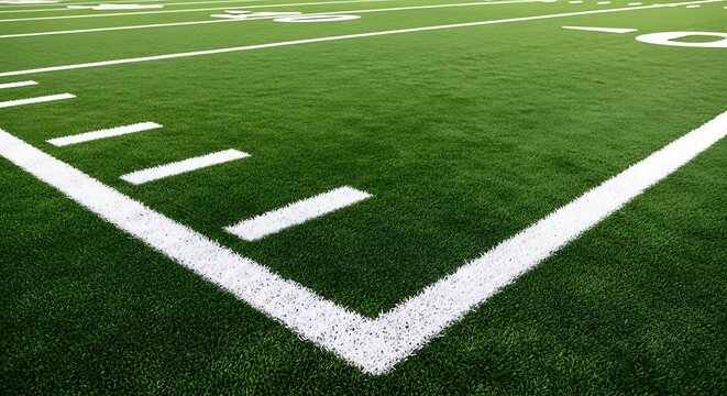Close-up view of a football field's end zone corner with white markings