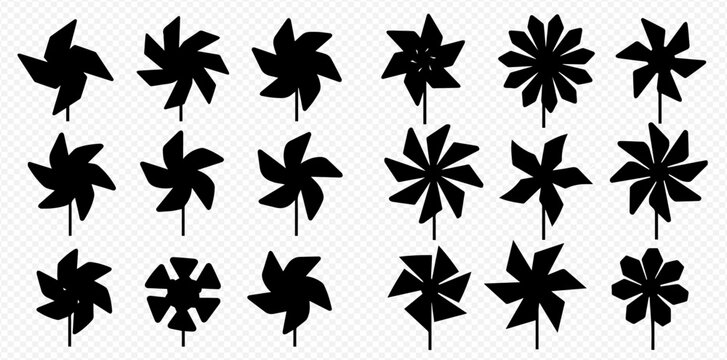 Collection of black pinwheel silhouettes in various shapes and sizes, perfect for design elements and playful graphics.